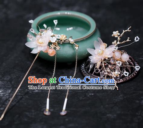 Chinese Traditional Hanfu Pink Silk Flower Tassel Hairpins Ancient Hair