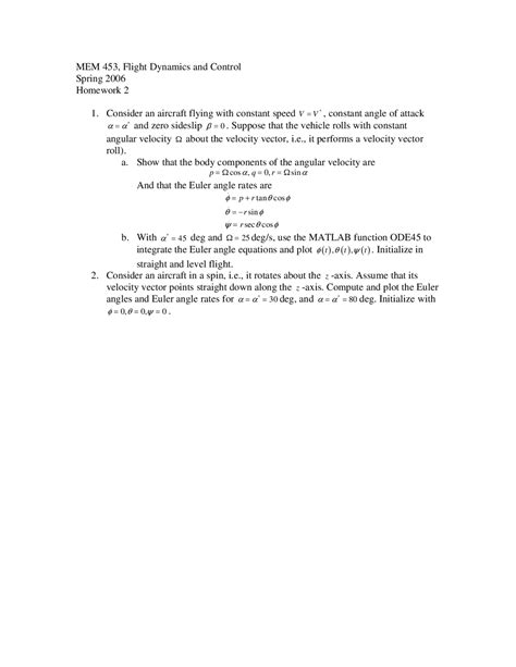 Homework 2 Flight Dynamics And Control Mem 453 Docsity