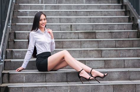 Black Skirts Asian Stairs Model 4k Sitting Barefoot Sandal Brunette Women Long Hair