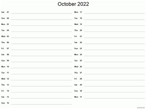 Printable October 2022 Calendar Two Column Notesheet