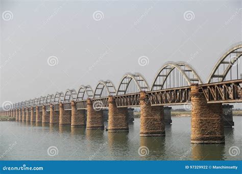 Old Railway Bridge And New Bridge Side View On Godavari River Stock