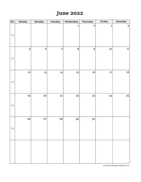 June Calendar 2022 Simple Design With Large Box On Each Day For Notes