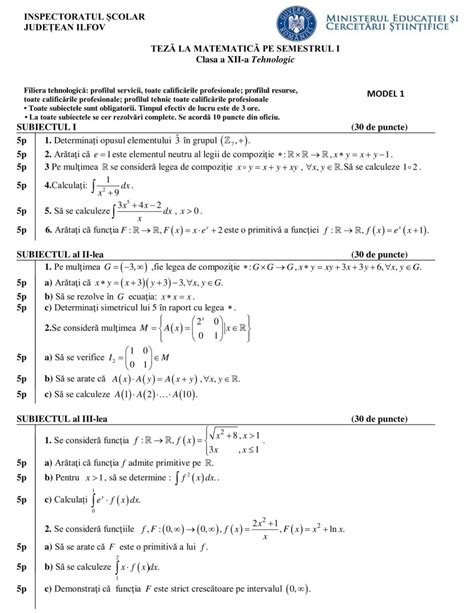 Modele De Teza Clasa A 12 A Matematica M1 M2 Semestrul 1 Cu Rezolvari Jitaruionelblog