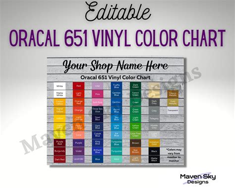 Editable Oracal 651 Vinyl Color Chart Customizable Canva Etsy Canada