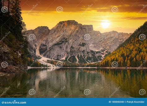 Lago Di Braies Lake In Dolomites At Sunrise Italy Stock Photo Image