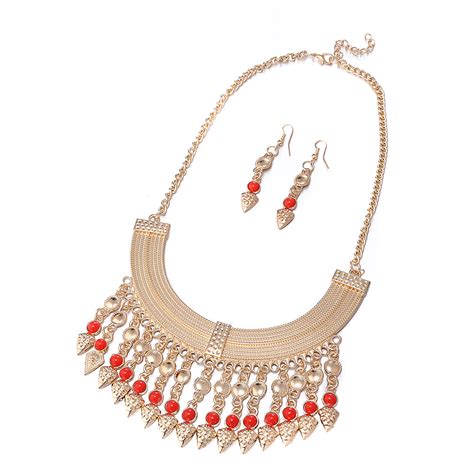 Gold Plated Vintage Jewelry Set Stylish Statement Necklace Earrings Red