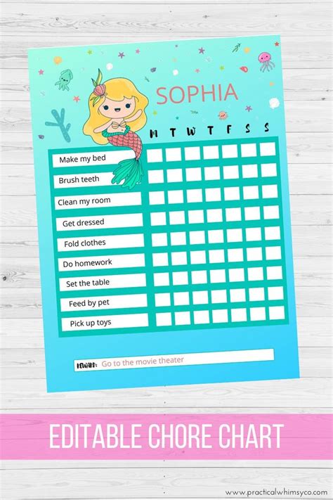 Editable Mermaid Chore Chart For Kids Under The Sea Etsy In 2020