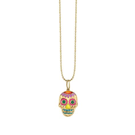 Small Yellow Gold Daisy Day Of The Dead Skull Necklace Necklaces