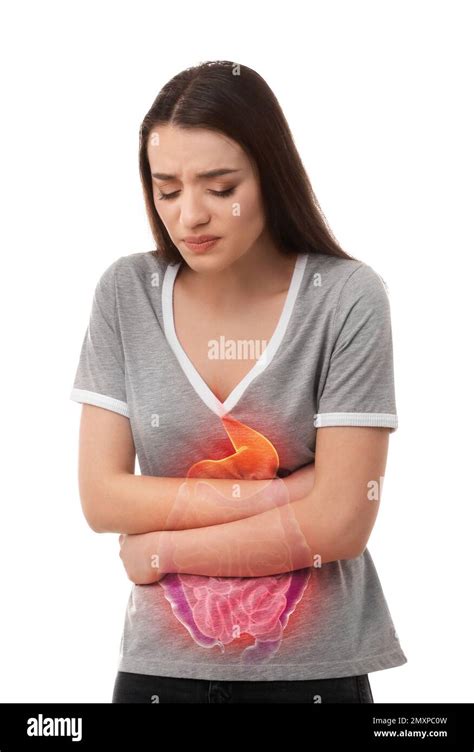 Young Woman Suffering From Abdominal Pain On White Background Stock