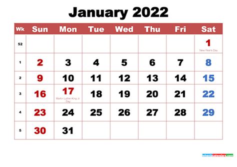 33 Blank Printable January 2022 Calendars Onedesblog