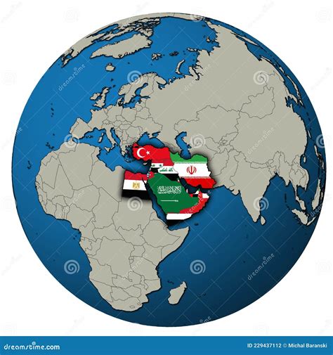 Territory Of Middle East Region With Country Flags Over Globe Map Stock