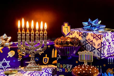 Jewish Holiday Hanukkah Celebration Tallit Vintage Menorah Stock Photo