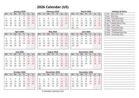Download Editable Calendar Template 2026 With Us Holidays Monday Start
