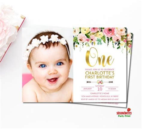 Garden Birthday Invitation With Photo Pink And Gold 1st Etsy New