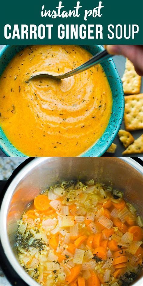 Carrot Ginger Soup In A Blue Bowl With Crackers On The Side And Text