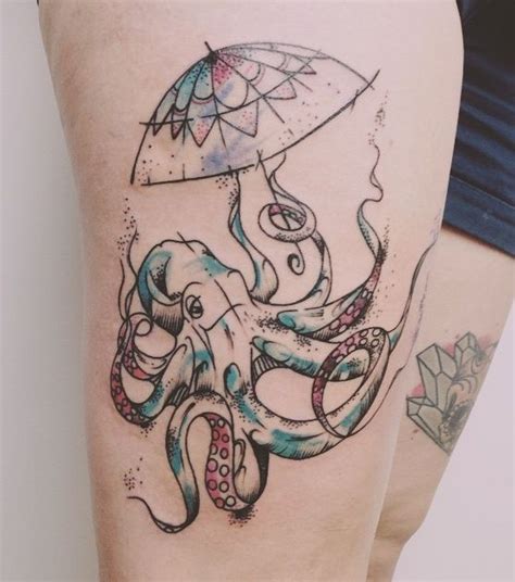 Octopus With Umbrella Tattoo On Thigh