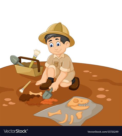 Vector Illustration Of Cute Man Archaeologists Cartoon Searching Fossil