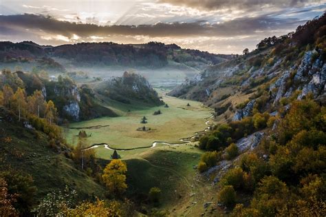Fall Sunrise Mountain Valley Mist Grass Romania Trees Clouds
