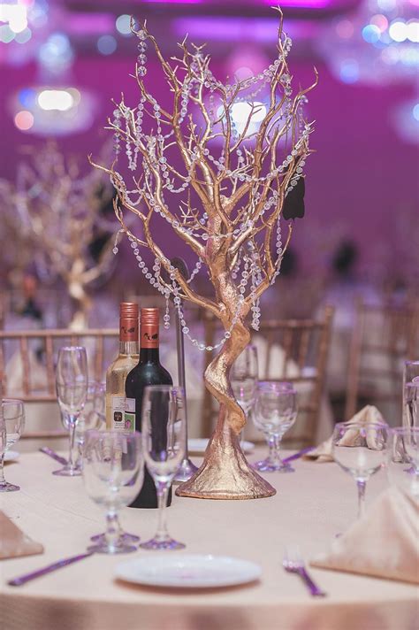 Blush And Champagne Wedding Centrepiece Gold Tree With Hanging Crystals