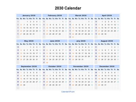 2030 Calendar Blank Printable Calendar Template In Pdf Word Excel