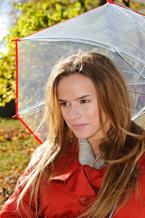Outdoor Fashion Close Up Portrait Young Beautiful Sensual Woman Autumn Park Umbrella Stock