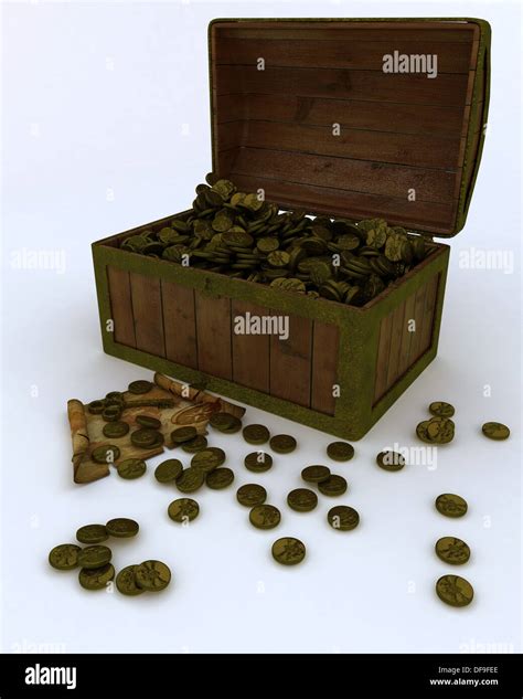 3d Render Of Treasure Chest Full Of Gold Coins With Map And Key Stock