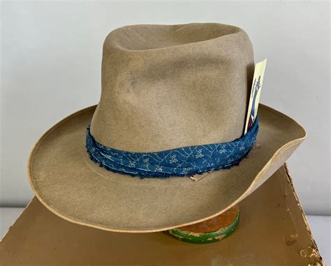 1930s adventurer fedora vintage 30s stetson sandy beige beaver fur felt western hat with blue