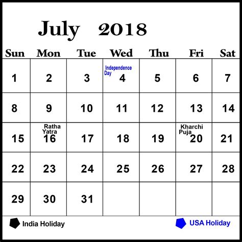 Printable July 2018 Calendar Holidays Printable Calendar Template