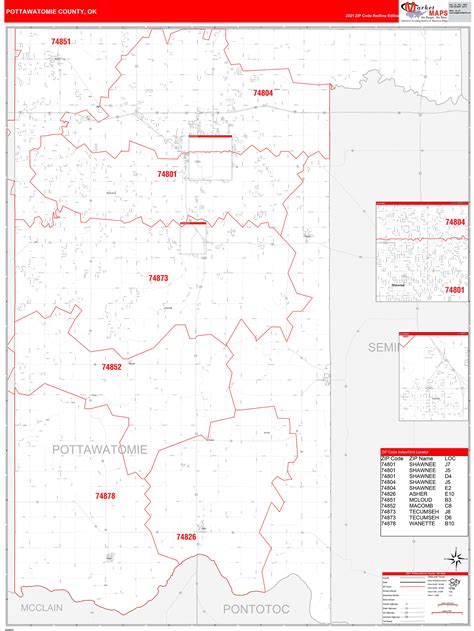 Pottawatomie County Ok Zip Code Wall Map Red Line Style By Marketmaps