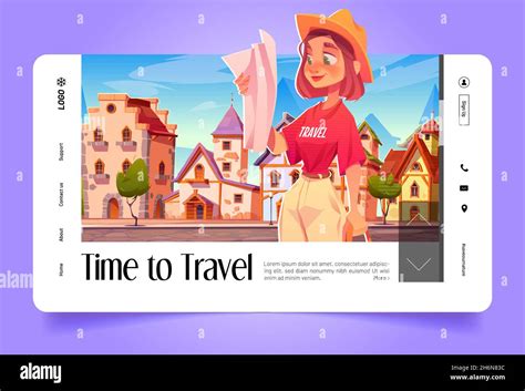 Time To Travel Cartoon Landing Page Traveler Girl Learning Map