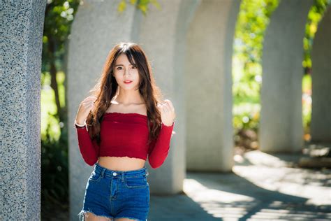 Wallpaper Asian Model Brunette Long Hair Red Tops Jeans Shorts