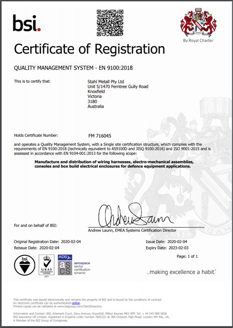 As 9100d Aerospace And Iso 9001 2015 Bsi Certificate Number Fm 716