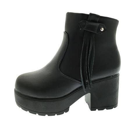 Kids Girls Mid Chunky Block Heel Chelsea Low Ankle Boots Platforms