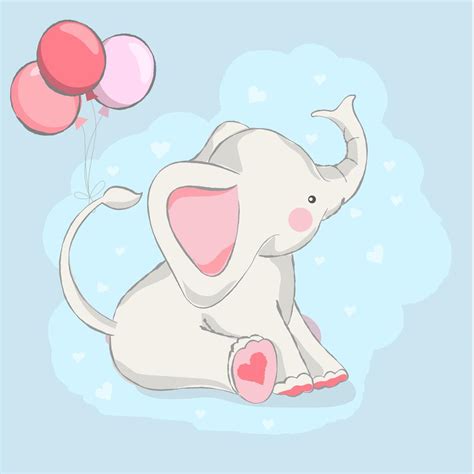 Cute Baby Elephant With Balloon Cartoon Hand Drawn Style 621939 Vector