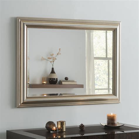 yg312 silver modern rectangle wall mirror framed with suttle beaded design bedroom living room