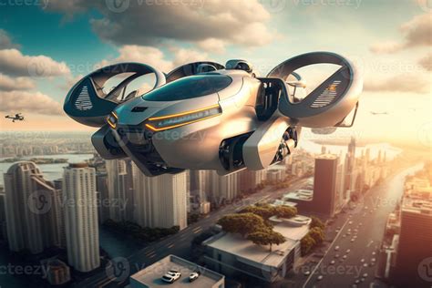 Air Vehicle Flying Above The Cityscape Flying Car Of The Future Air