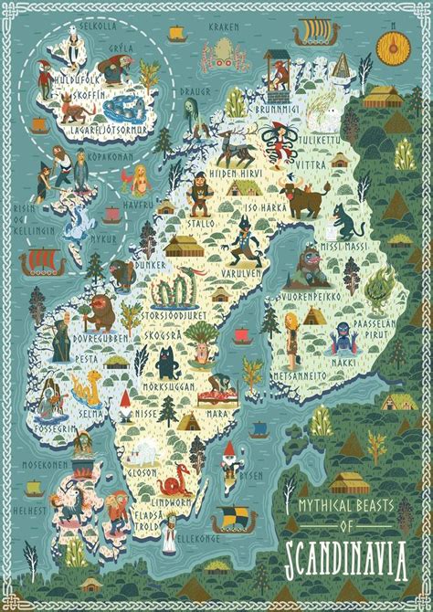 Illustrated Map Mythical Beasts Of Scandinavia A3 Art Print Etsy