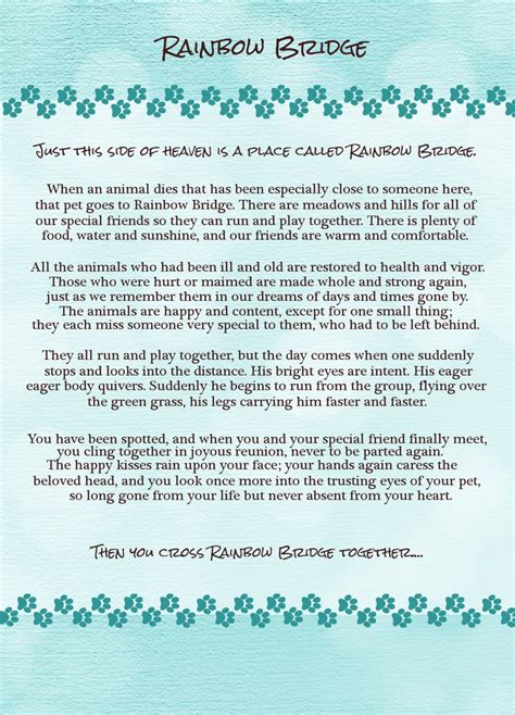 Apr 06, 2016 · 'rainbow bridge' is a lovely prose poem written for anyone who's suffered the loss of a beloved pet. Printable Pet Sympathy card-Rainbow Bridge by ...