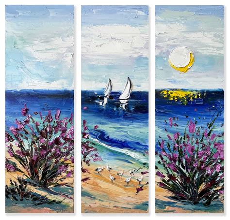 A Contemporary Three Panel Coastal Landscape Painting With A Summer