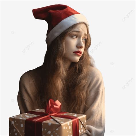 فتاة حزينة ترتدي قبعة عيد الميلاد مع صندوق هدايا بجوار النافذة فتاة عيد الميلاد جميل بنت