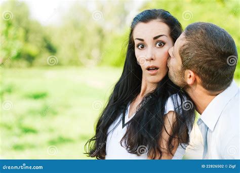 Man Kisses In On Cheek Woman Stock Photo Image Of Kiss Lifestyle