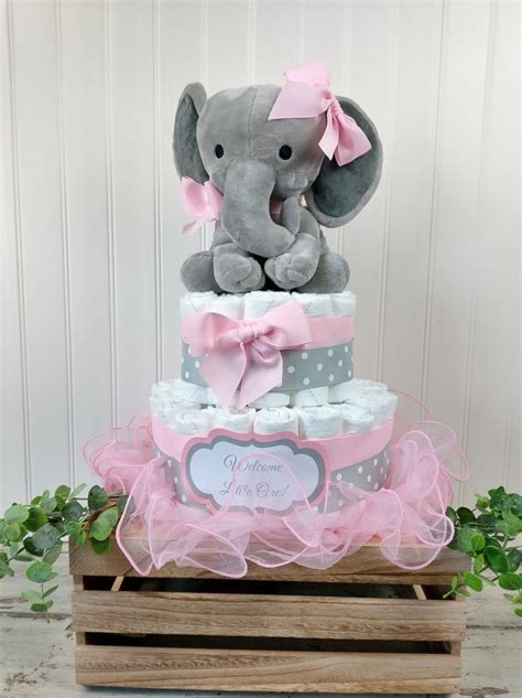 Diaper Cake Pink And Gray Elephant Baby Shower Decoration Etsy Pink