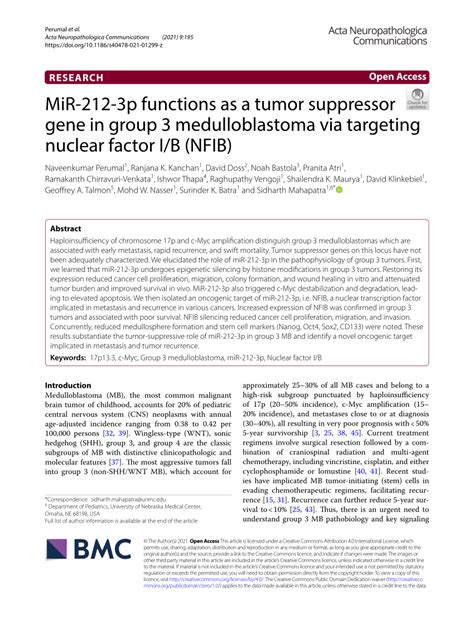pdf mir 212 3p functions as a tumor suppressor gene in group 3 medulloblastoma via targeting