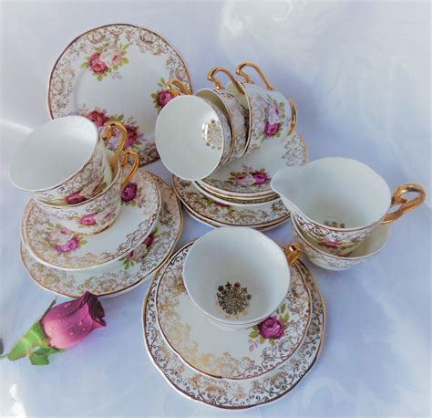 A Vintage Piece Fine Bone China Tea Set With Roses And Gilding So