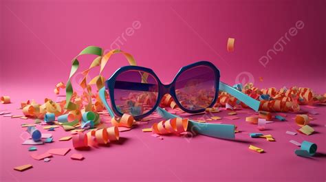 Sunglasses On Pink Background 3d Glasses And Colored Streamer With Confetti On A Pink