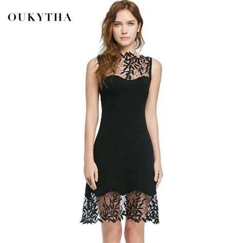 Dress Vintage Style Women Sexy Party Lace Stitching Pierced Solid Color Classic Black Slim Short