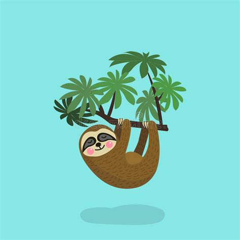 Sloth Hanging On Tree Branch Cute Cartoon Character Wild Jungle