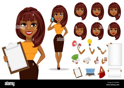 Pack Of Body Parts And Emotions African American Business Woman Cartoon Character Creation Set
