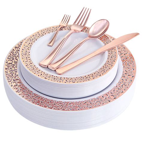 Wdf 150pcs Rose Gold Plastic Plates With Disposable Plastic Silverware