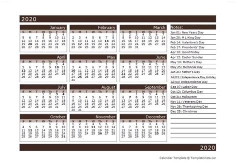 2020 One Page 12 Months Calendar Template Template Vista